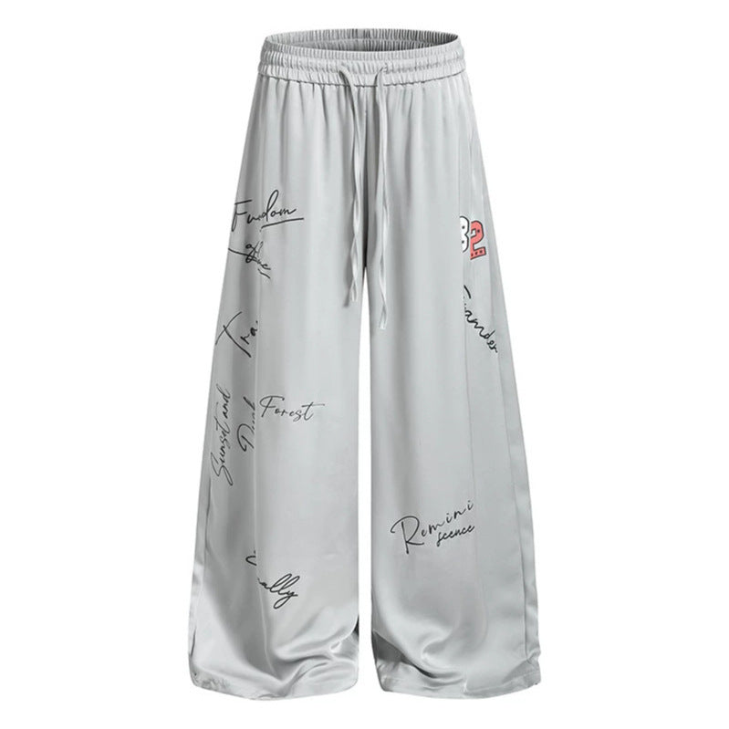 Women's Wide Satin Palazzo Lounge Pants with Elastic Waistband, Drawstring, and Script Print Amarae