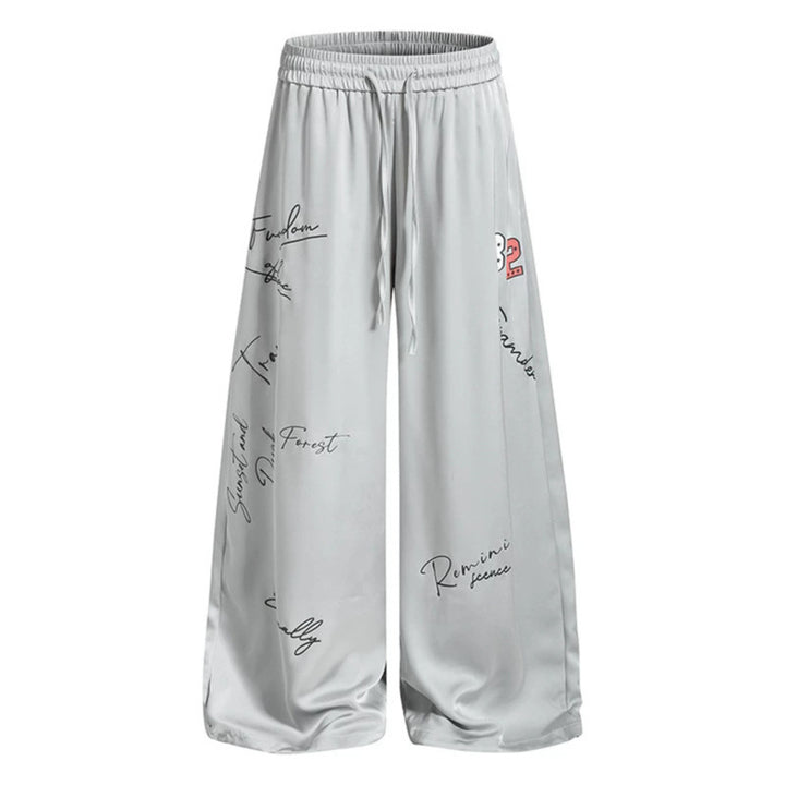 Women's Wide Satin Palazzo Lounge Pants with Elastic Waistband, Drawstring, and Script Print Amarae