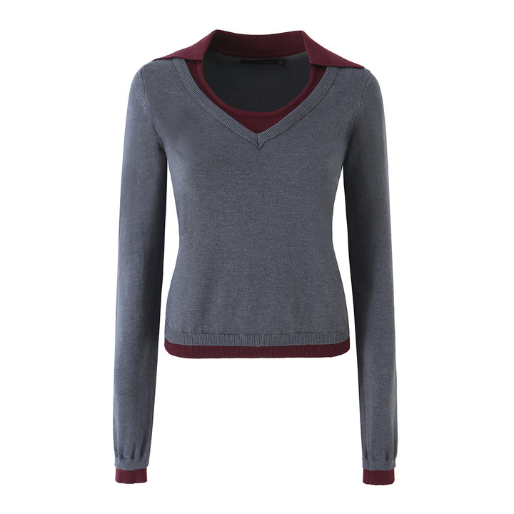 Women’s Two-Piece Fine Knit Set with V-Neck, Contrasting Collar and Pleated Mini Skirt Amarae