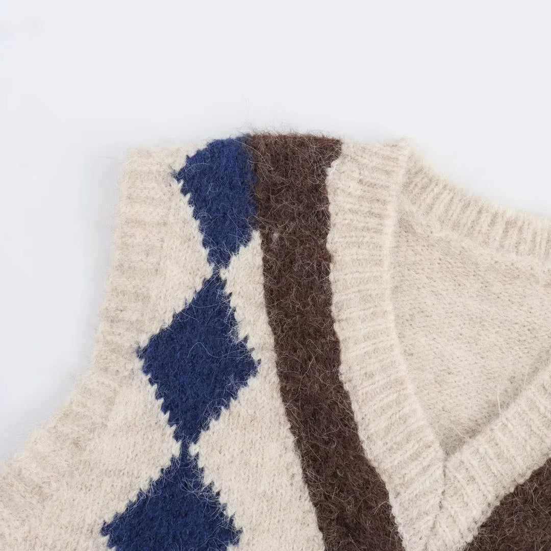 Women's Argyle Knit Vest with V-Neck and Fluffy Mohair Look Amarae