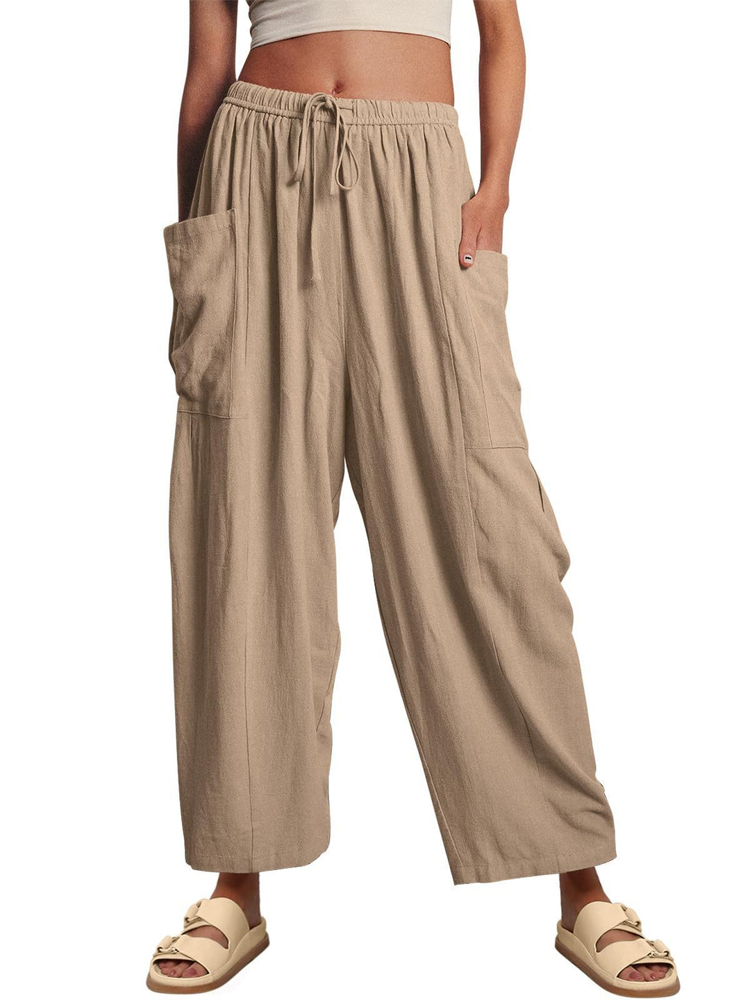 Comfortable linen pants for ladies with practical side pockets Lune London