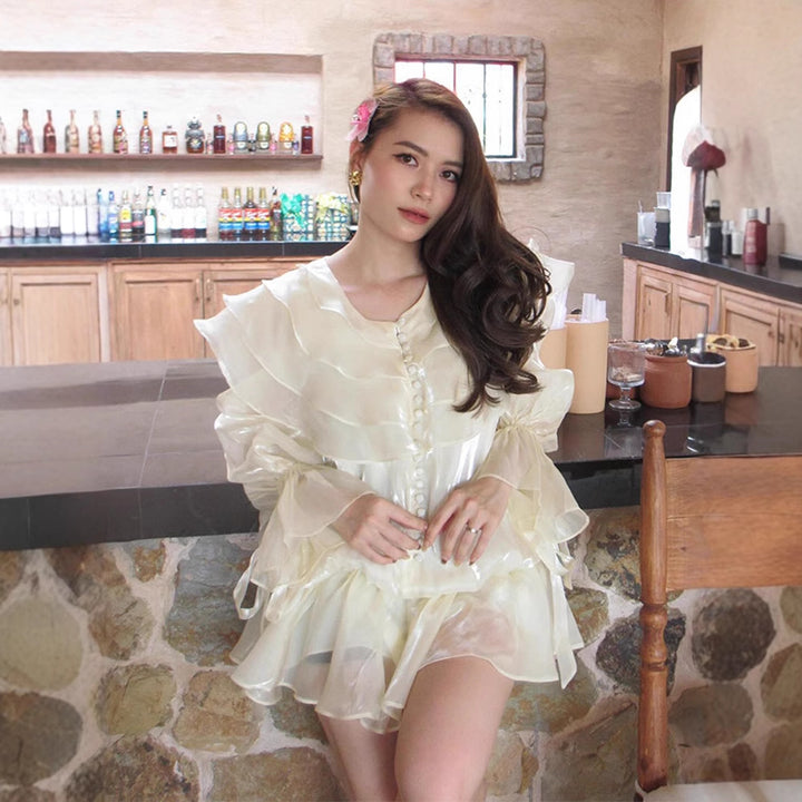Women's Ruffled Chiffon Mini Dress with Ruffles, Sheer Layer and Button Placket Amarae