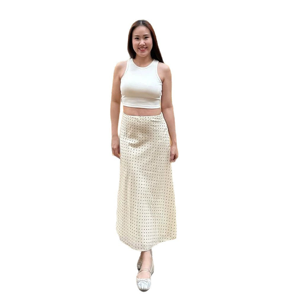 Women's satin midi skirt with polka dot print, tailored fit & flowing bias silhouette Amarae