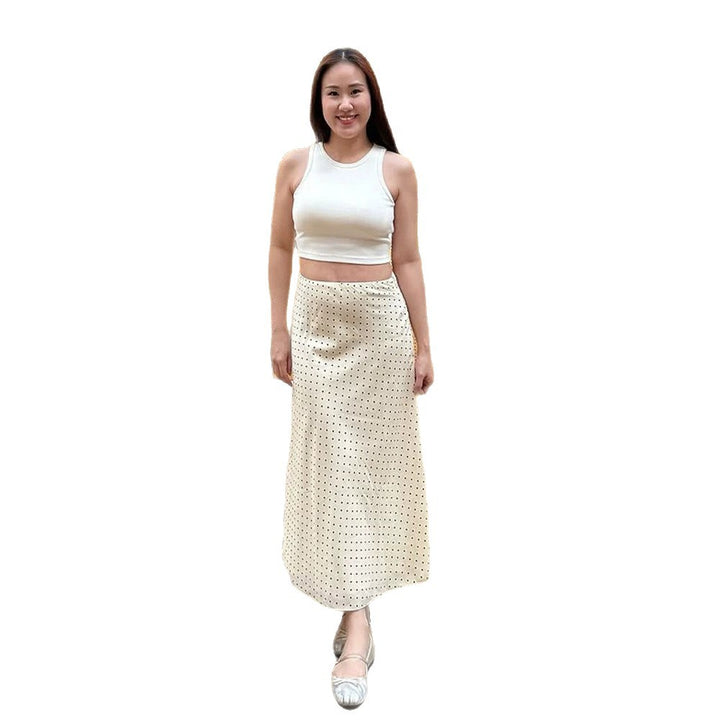 Women's satin midi skirt with polka dot print, tailored fit & flowing bias silhouette Amarae