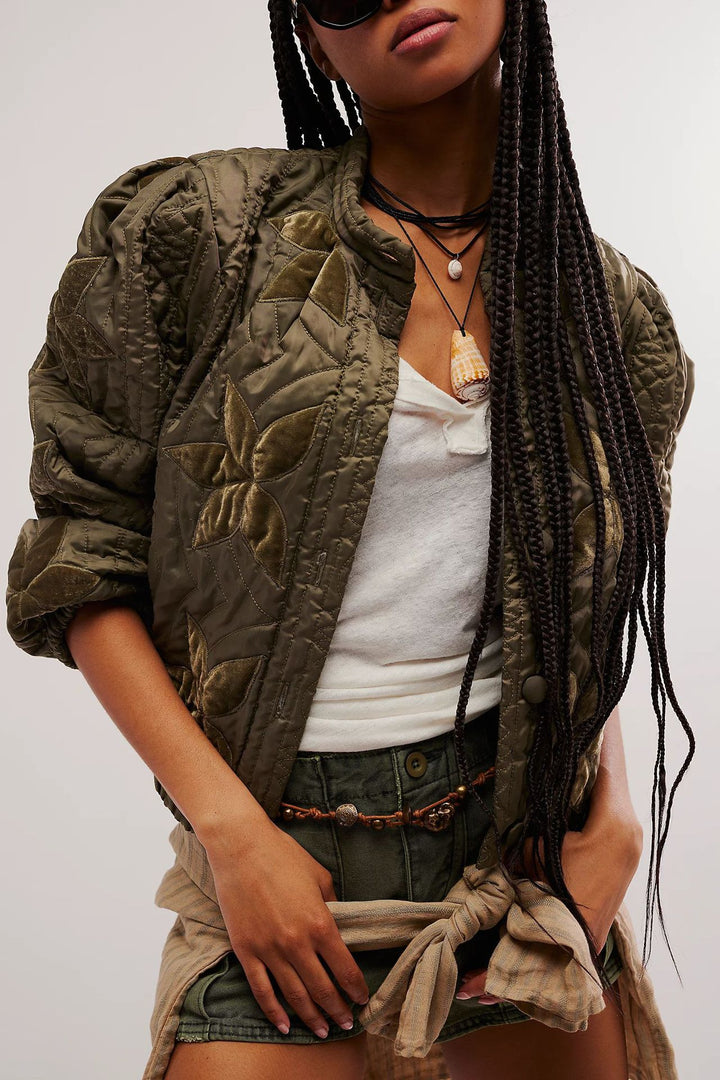 Ladies quilted bomber jacket with floral design Lune London