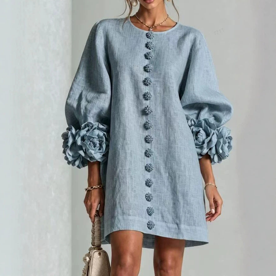 Ladies linen dress in A-line cut with balloon sleeves and 3D flower decoration Amarae