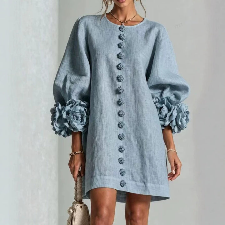 Ladies linen dress in A-line cut with balloon sleeves and 3D flower decoration Amarae