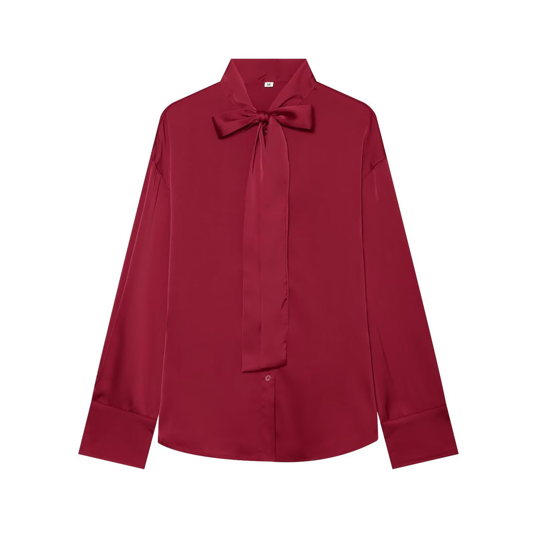 Women's Silk-like Blouse with Tie, Oversized Cut and Concealed Button Placket Amarae