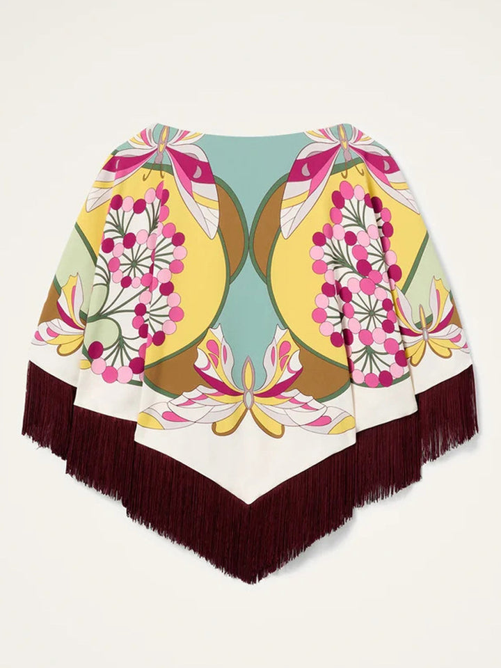 Ladies Silk Print Poncho with Retro Floral Pattern and Long Fringes Amarae