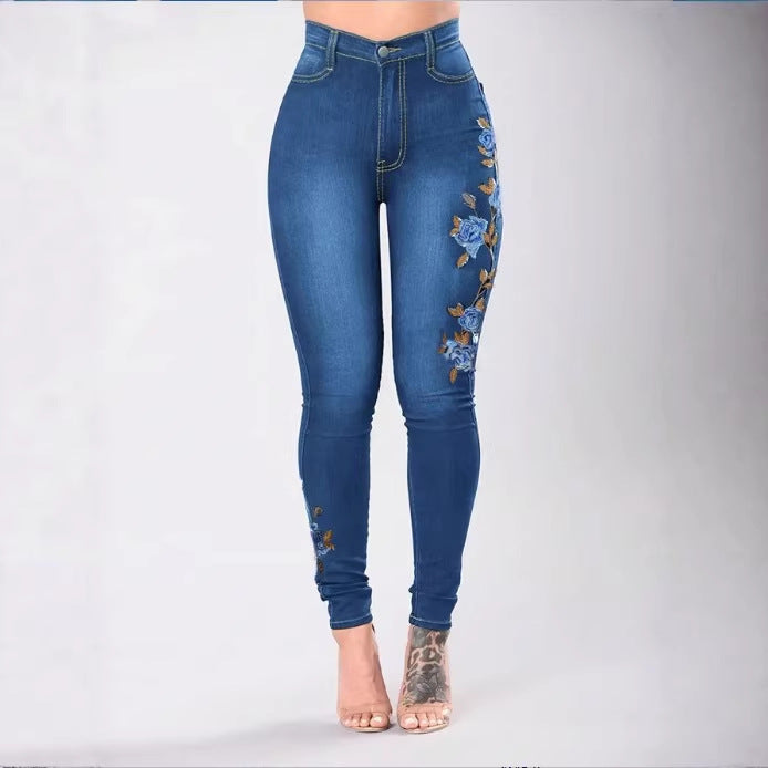Women High-Waisted Sculpting Skinny Jeans with Side Floral Embroidery Amarae