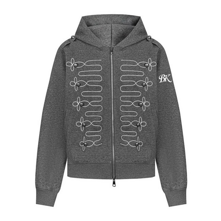 Women's hooded sweatshirt jacket with decorative frogging embroidery and pearl buttons Amarae