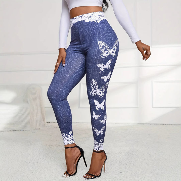 Leggings for women with floral lace trim and colorful butterfly print Lune London