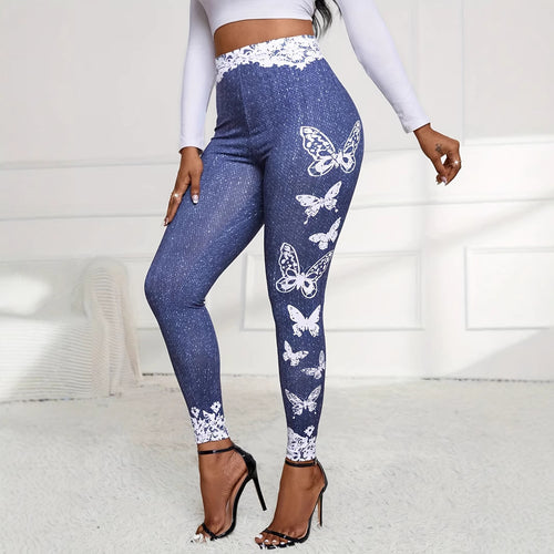 Leggings for women with floral lace trim and colorful butterfly print Amarae