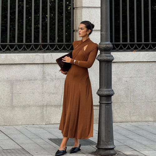 Elegant draped maxi dress for women with asymmetric cutout details Amarae