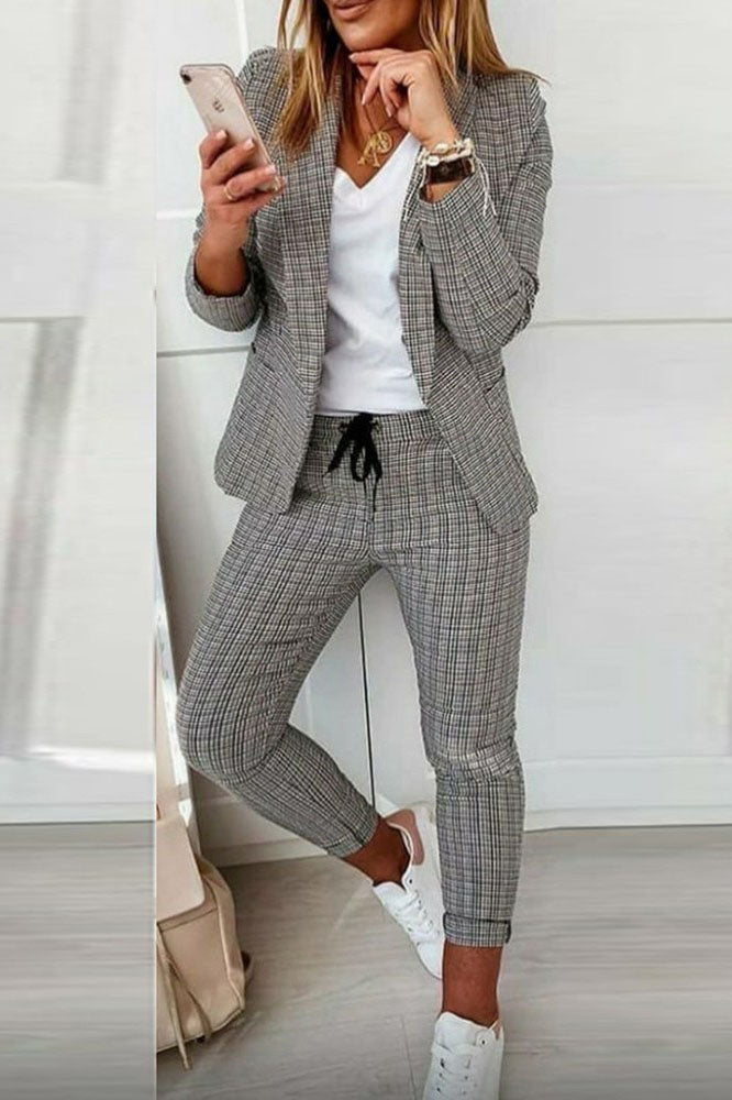 Amarae | Check Blazer Coat & Drawstring Trousers Set