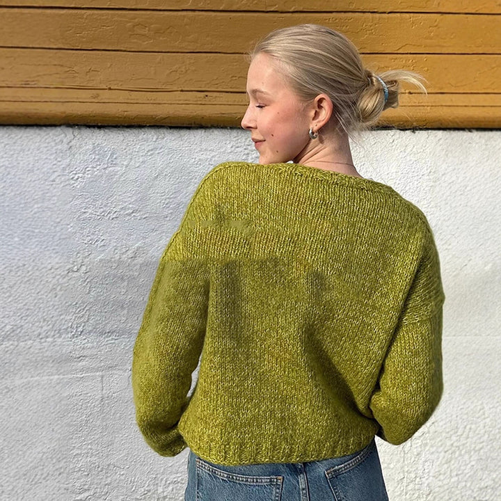 Women's Short Oversized Knit Cardigan with Decorative Hook Closures & Round Neckline Amarae