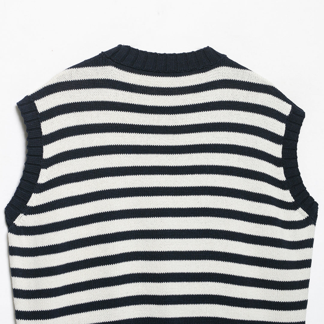 Women's Striped Knit Vest with Round Neck and Wide Ribbed Cuff Amarae