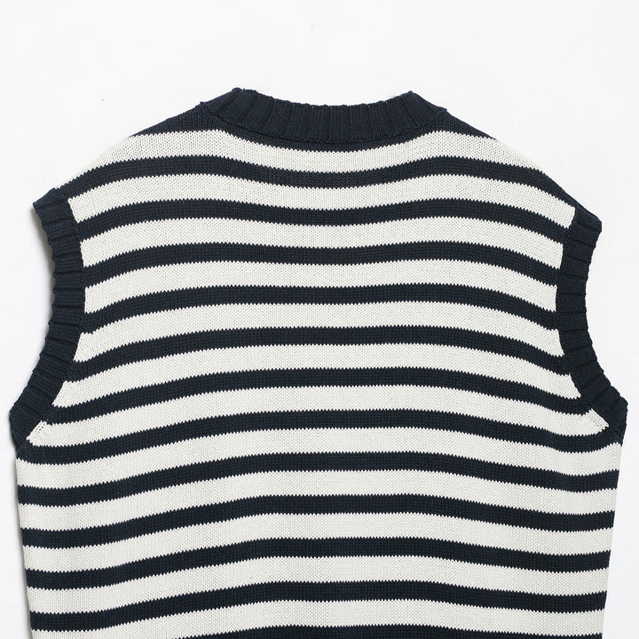 Women's Striped Knit Vest with Round Neck and Wide Ribbed Cuff Amarae