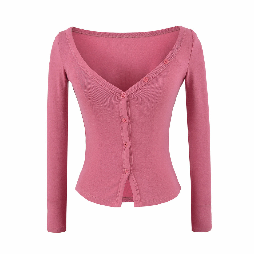 Ladies two-piece knit set with integrated high neck vest and asymmetric button cardigan Amarae