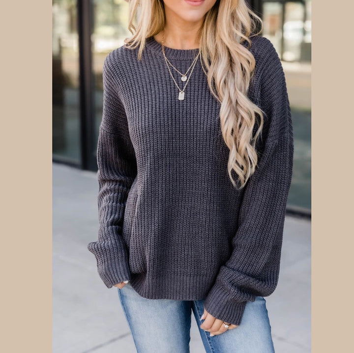 Damen Oversize Strickpullover mit Rundhalsausschnitt und gerippten Bündchen Drune