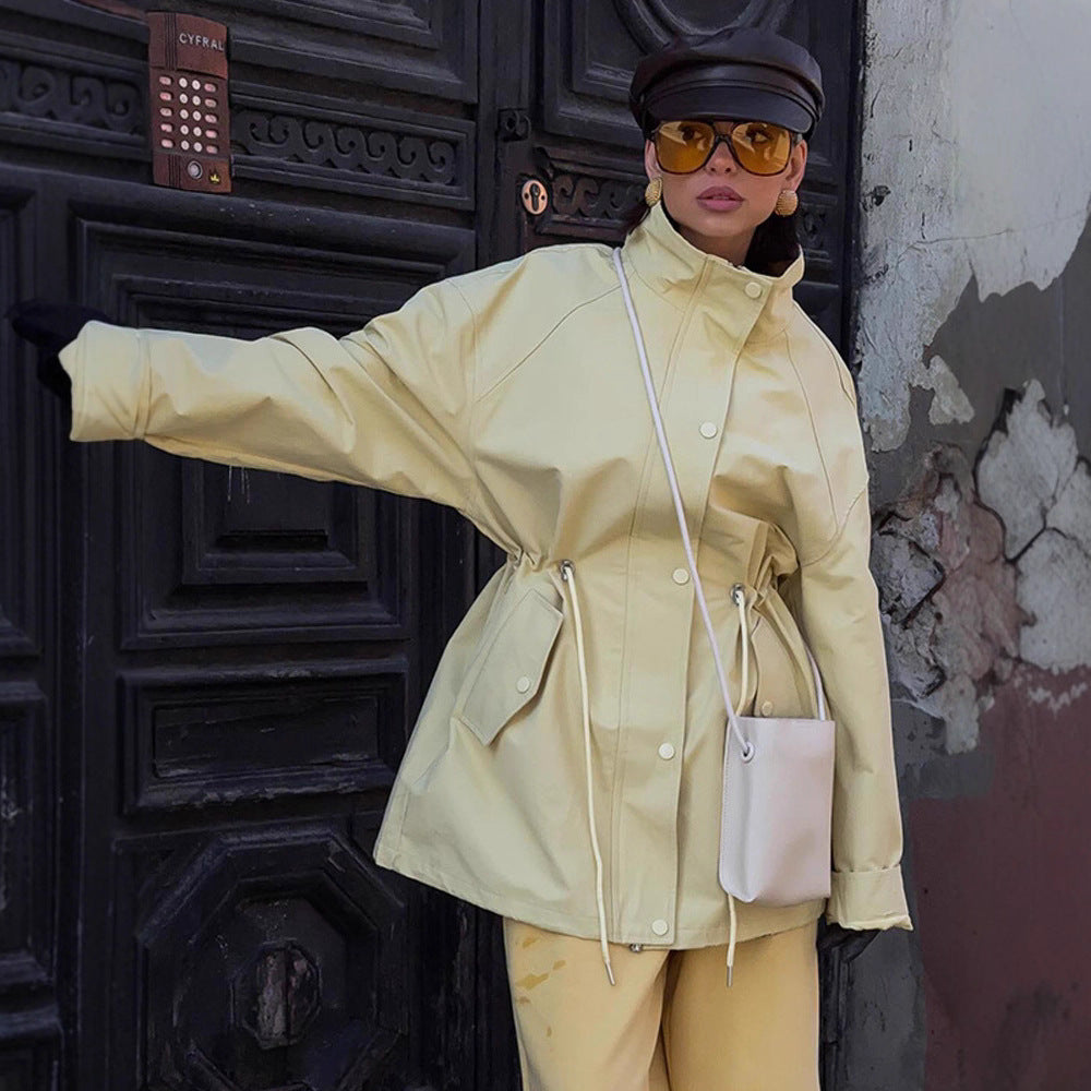 Women's Oversize Rain Jacket with Drawstring Waist, High Stand-Up Collar & Flap Pockets Amarae