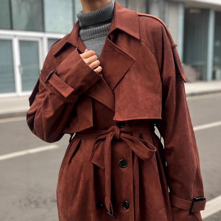 Women's long trench coat made of suede imitation with double button placket Amarae