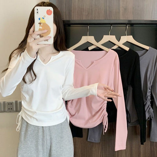Women's versatile long-sleeve shirt with stylish V-neck and gathering Chic & Stil