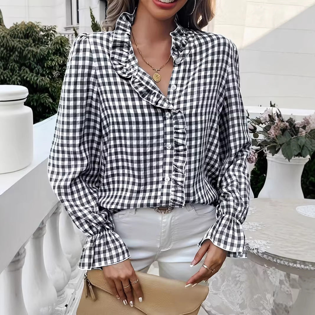 Women checked ruffled blouse with stand-up collar, concealed button placket and bell sleeves Amarae