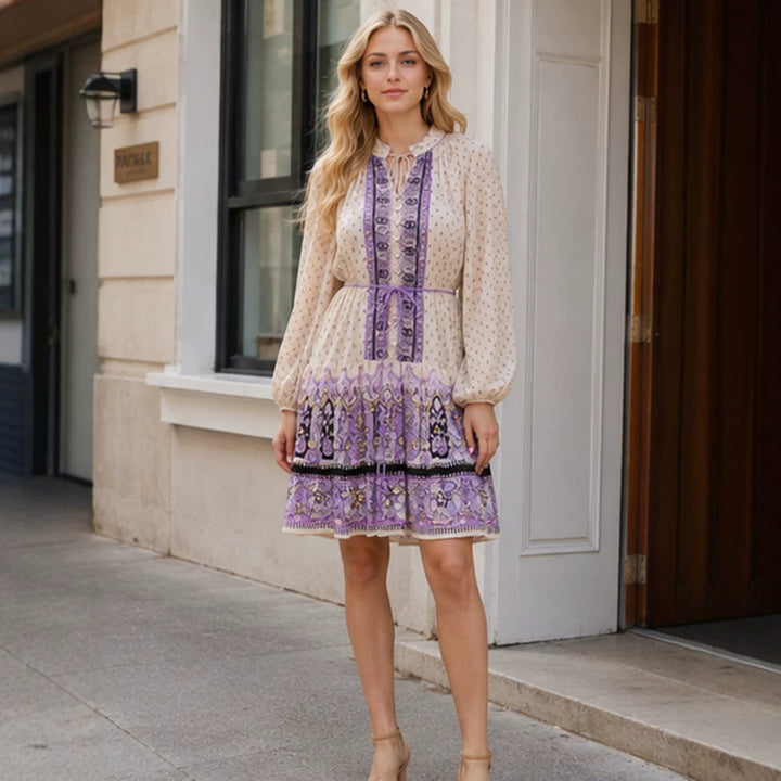 Ladies Chiffon Mini Dress with Tying Collar, Balloon Sleeves and Embroidered Border Amarae