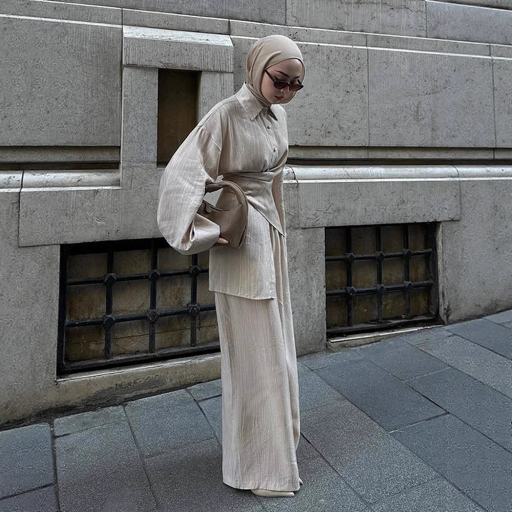 Women's casual tunic set with wrap belt and wide palazzo pants Amarae