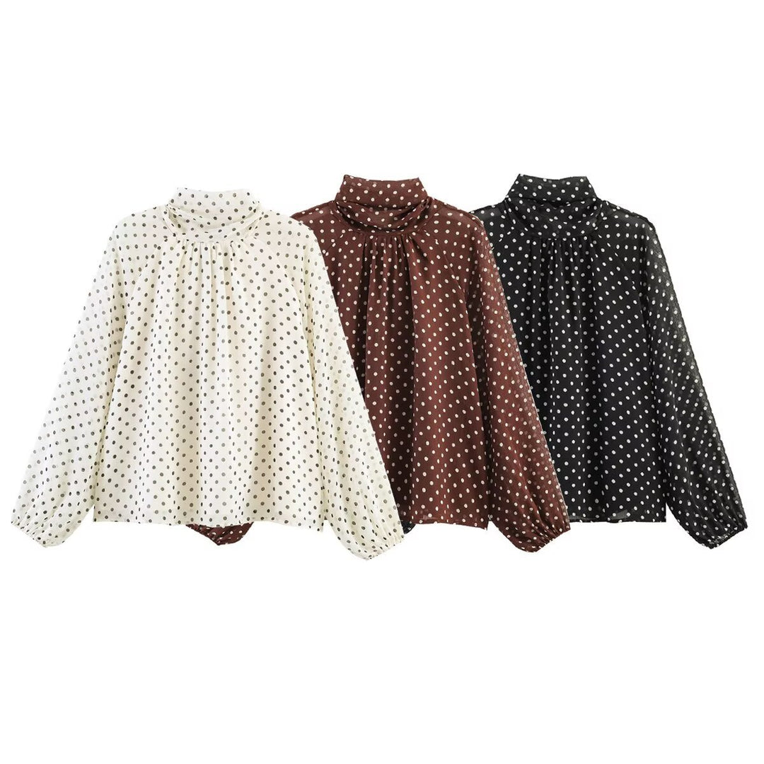 Women's Polka Dot Blouse with High Stand Collar, Ruffled Neckline and Balloon Sleeves Amarae