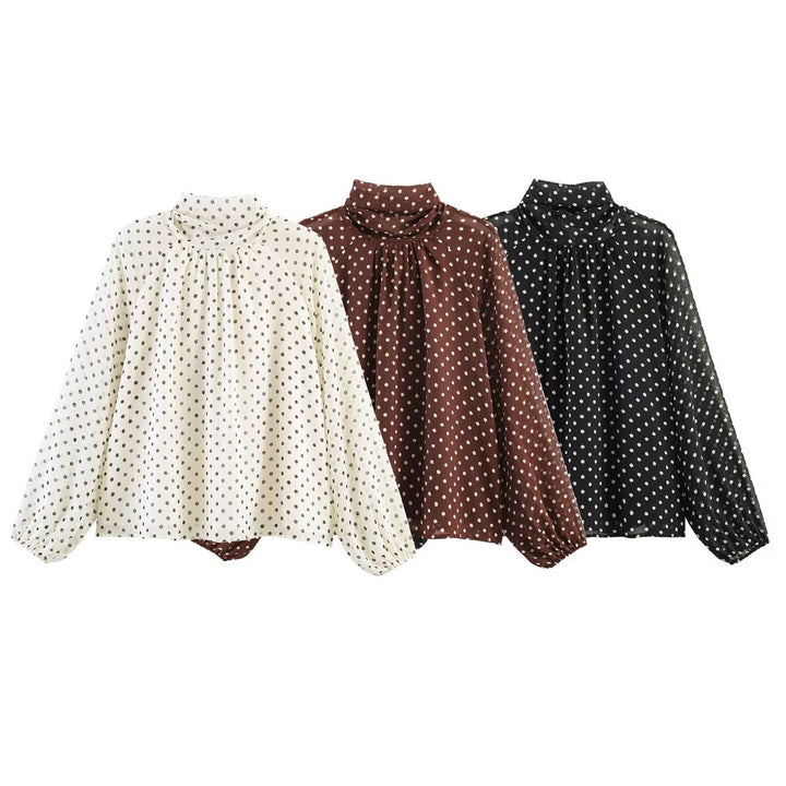 Women's Polka Dot Blouse with High Stand Collar, Ruffled Neckline and Balloon Sleeves Amarae