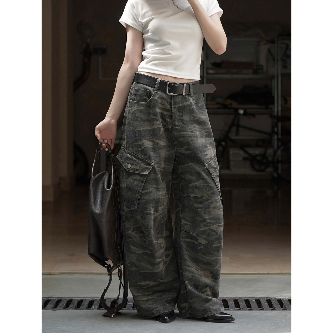 Women's Wide High-Waist Cargo-Balloon Pants in Camouflage Look with Large Flap Pockets Amarae