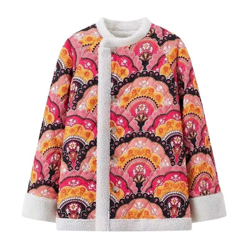 Ladies fashionable quilted jacket with a colorful pattern and soft fleece lining Lune London
