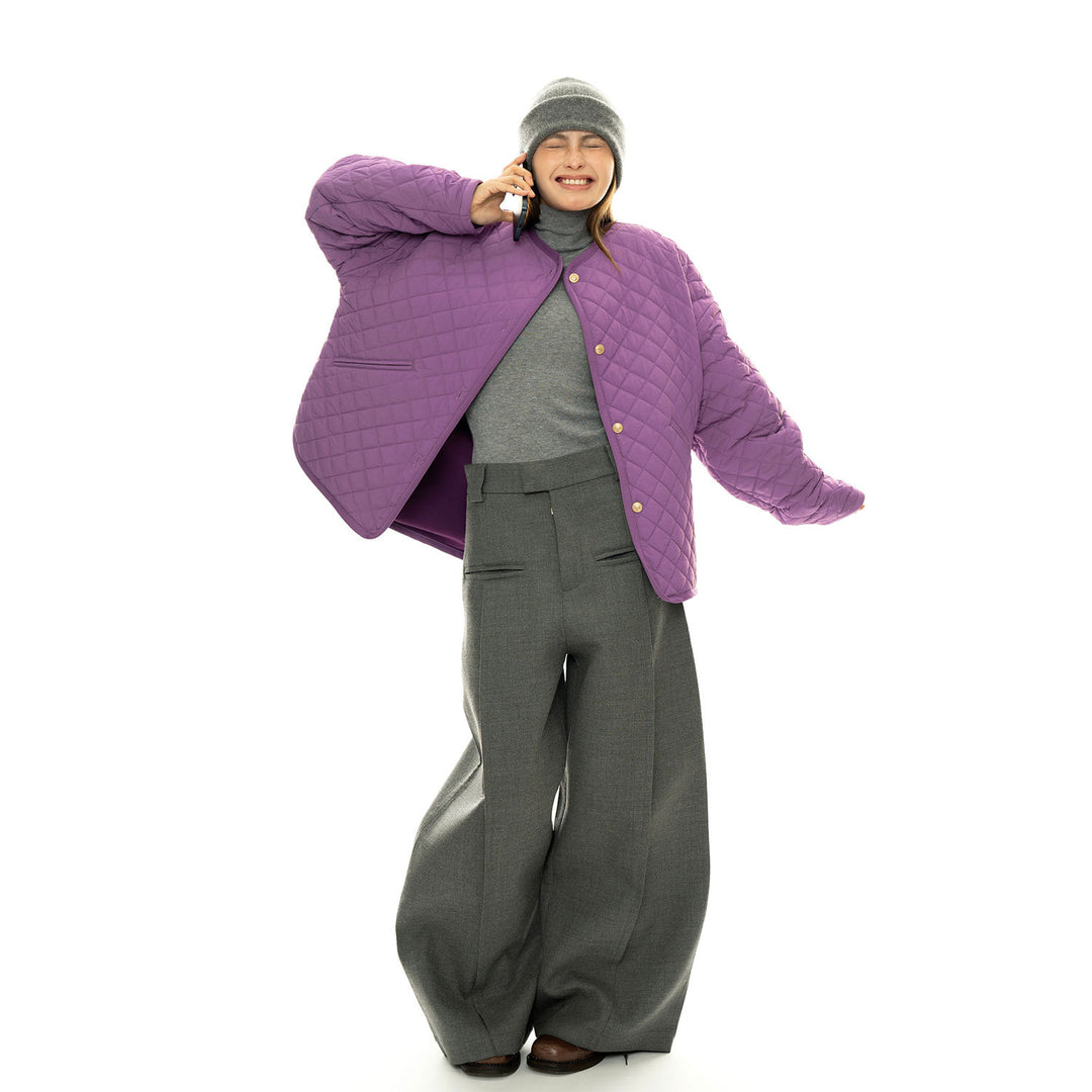 Women’s light padded oversized quilted jacket with round neckline and patch pockets Amarae