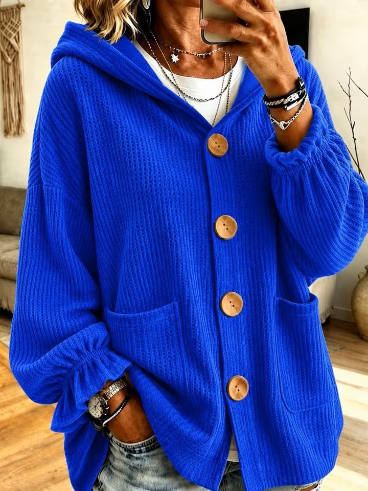 Women's Oversized Hooded Cardigan with Waffle Texture and Wooden Buttons Amarae