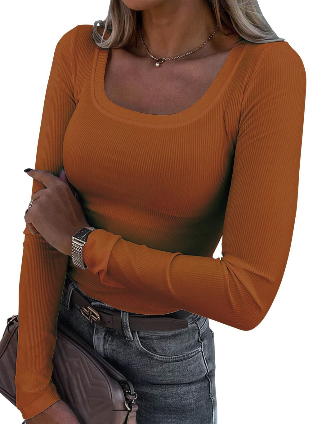 Women’s Long Sleeve Ribbed T-Shirt with Elegant Boat Neck Lune London