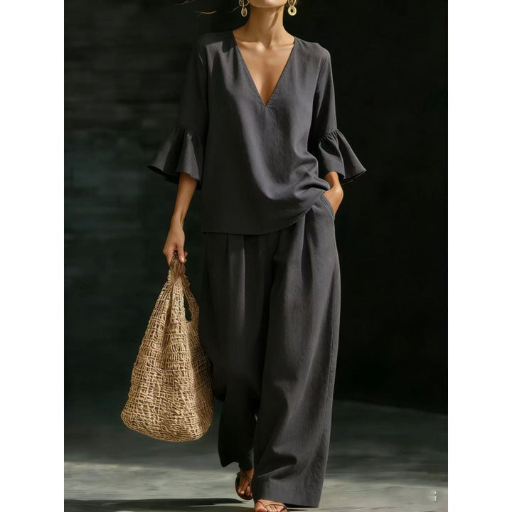 Women's Two-Piece V-Neck Tunic Set with Ruffle Sleeves and Wide High-Waisted Palazzo Pants Amarae