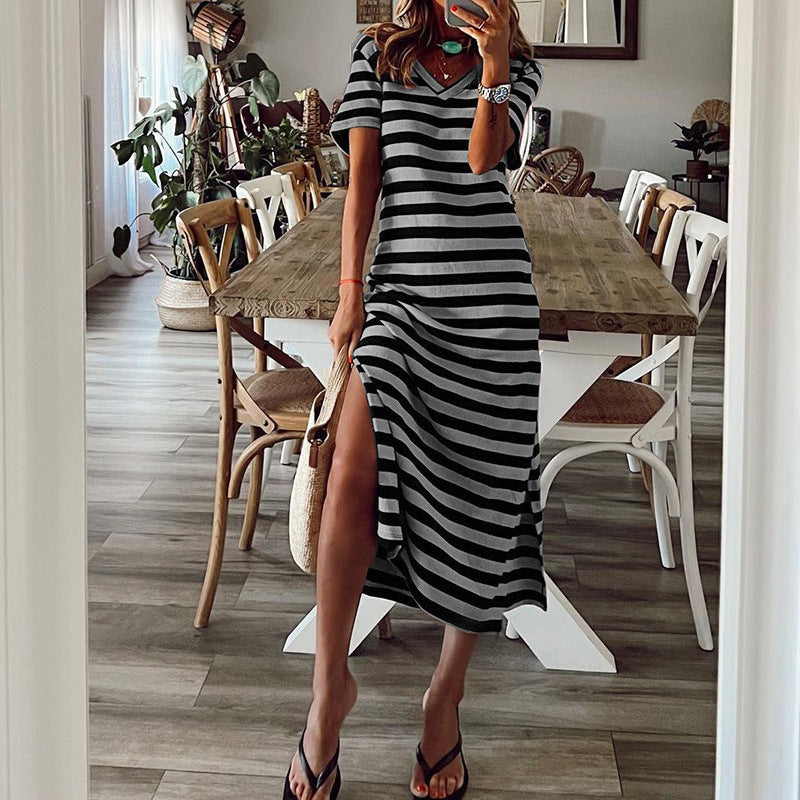 Maxi dress for women with deep side slit and trendy striped pattern Lune London