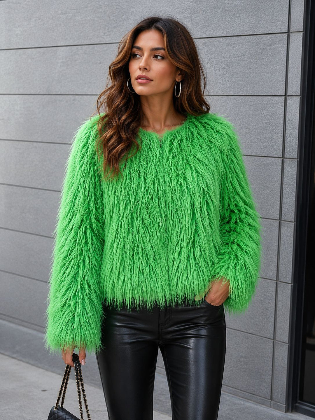 Women Short-Cut Shaggy Faux Fur Jacket with Round Neck, Extra Soft Long Hair and Casual Fit Amarae