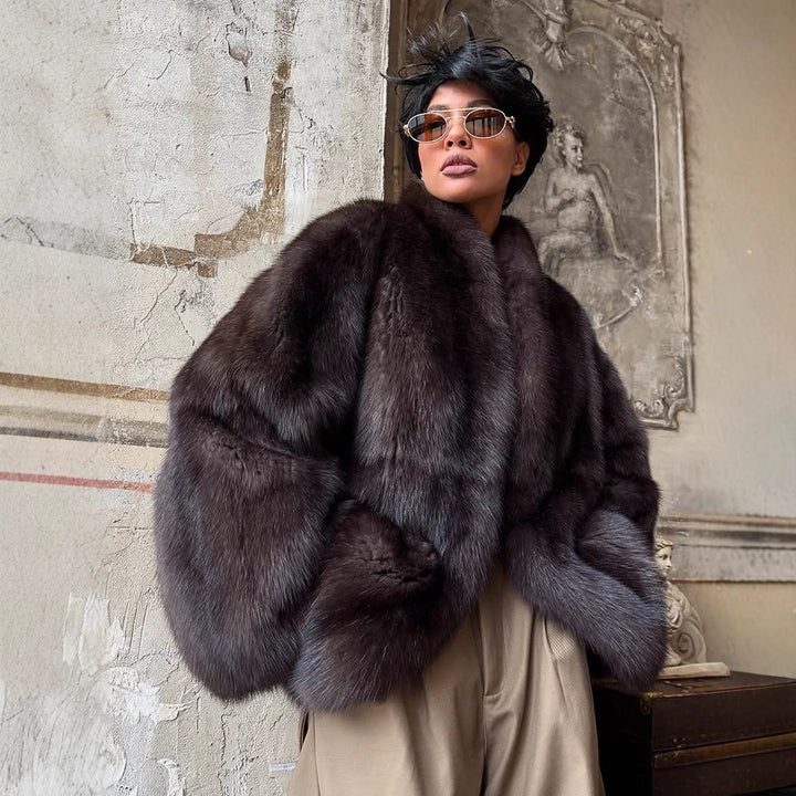Women Short Fur Coat in Boxy Cut with Voluminous Shawl Collar Amarae