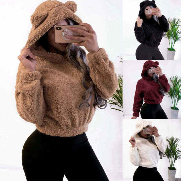 Women's Short Hooded Sherpa Pullover with Kangaroo Pocket and Elastic Hem Amarae