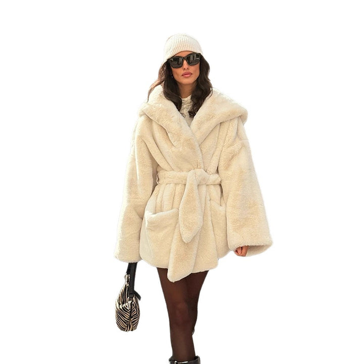 Women's Oversized Teddy Coat with Extra Large Shawl Collar and Wrap Belt Amarae