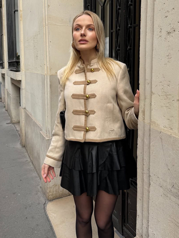 Women Short Military Inspired Jacket with Stand Collar and Decorative Button Placket Amarae
