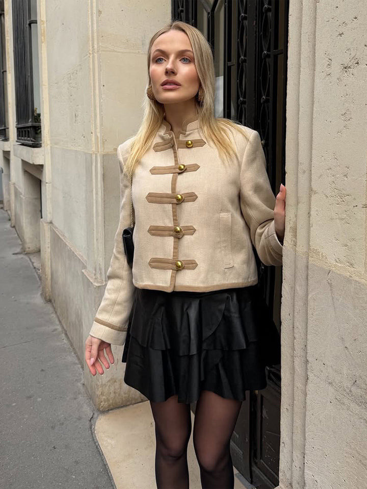 Women Short Military Inspired Jacket with Stand Collar and Decorative Button Placket Amarae