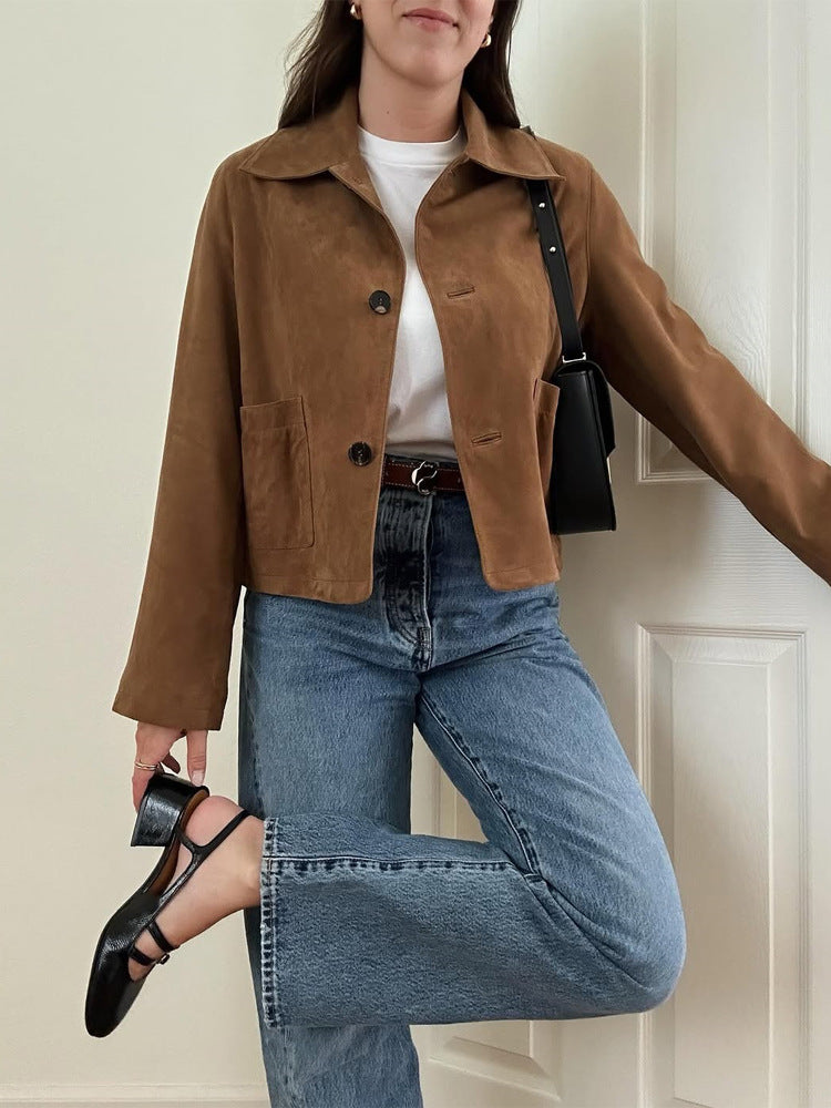 Women Short Cut Suede Jacket with Shirt Collar and Patch Pockets Amarae