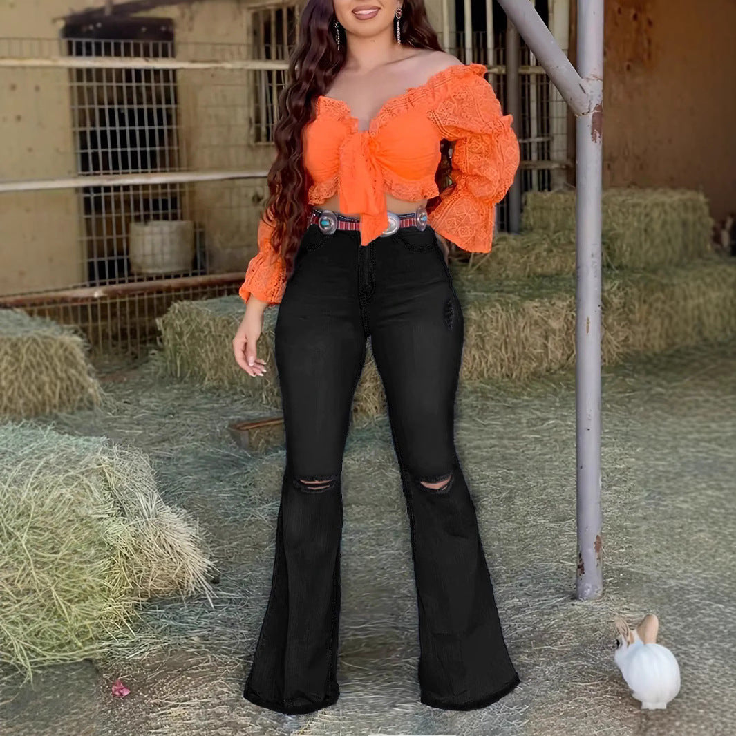 Women's High-Waist Bootcut Jeans with Knee Rips and Figure-Hugging Sculpting Cut Amarae