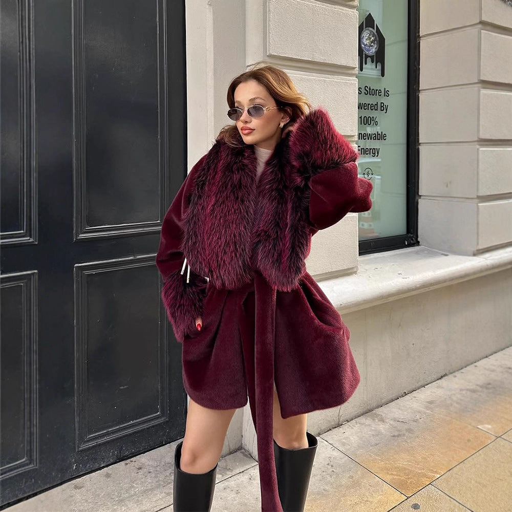 Women's Short Faux Fur Coat with Voluminous Shawl Collar, Waist Belt, and Fur Cuffs Amarae