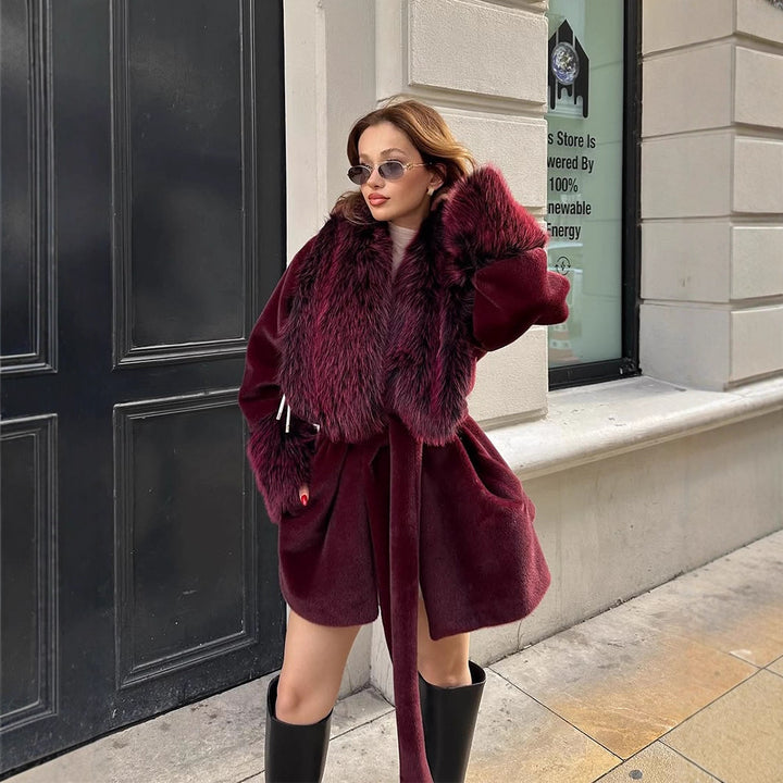 Women's Short Faux Fur Coat with Voluminous Shawl Collar, Waist Belt, and Fur Cuffs Amarae