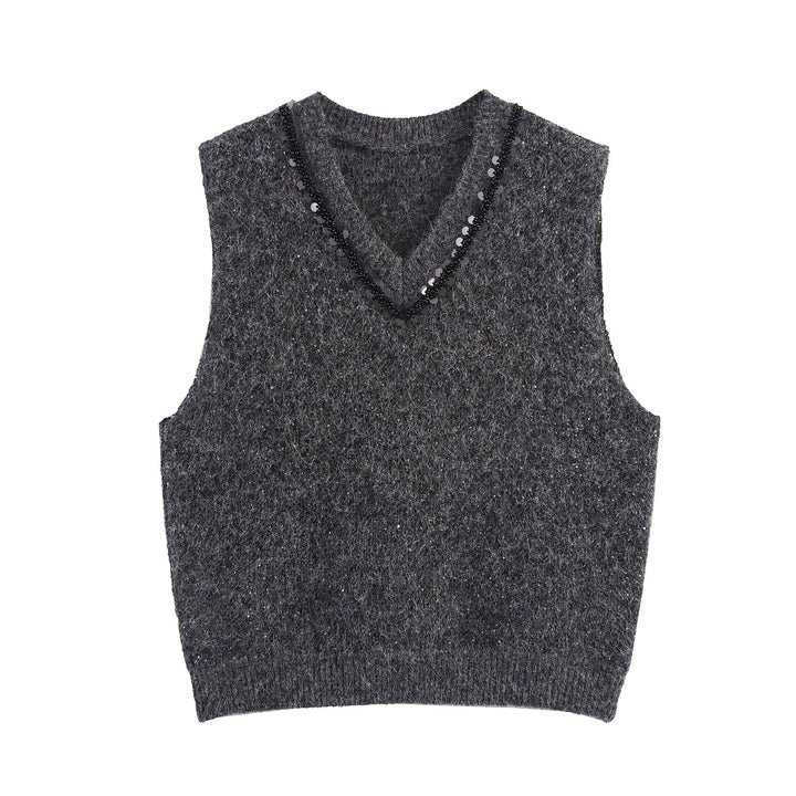 Women's Sleeveless Mohair-Look Knitted Vest with V-Neck and Decorative Sequins Amarae